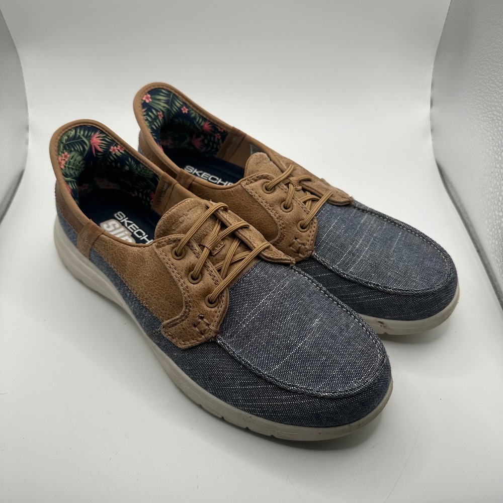 Skechers Slip-ins On-the-GO Ideal Navy Tan Boat Shoes 138215 Womens 8.5